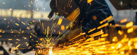 Metal worker using a grinder