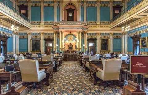 Interior of the Michigan State Senate chambers in the state capitol building in Lansing.