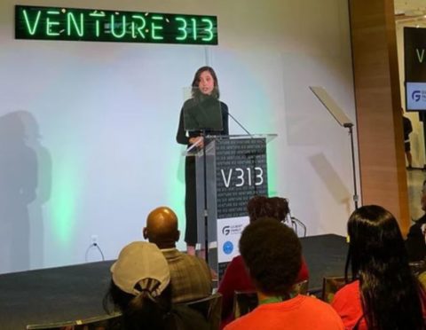 Laura Grannemann, vice president of the Rocket Community Fund and executive director of the Gilbert Family Foundation, speaks at the launch of the Venture 313 initiative on Thursday.