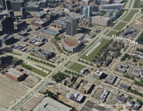 A rendering shows a six-lane boulevard that would replace the I-375 connector freeway downtown.