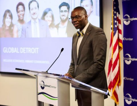 Speaker at the Global Detroit news conference