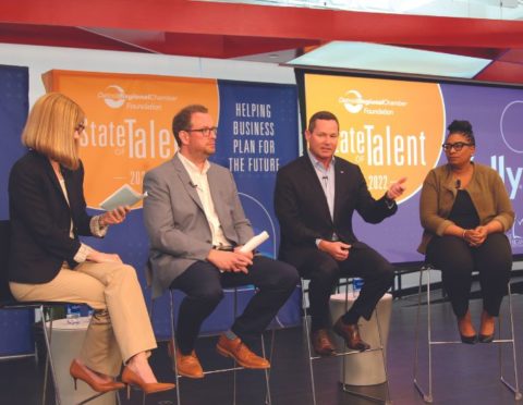 Bank of America’s Matt Elliott speaks at the Chamber’s State of Talent event along with moderator and journalist Kelley Root, Kelly’s Tim Dupree, and Year Up’s Elisha Gilliam.