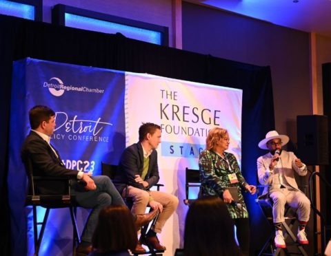 Nick Allen, Anika Goss, and Roderick Hardamon speak during Detroit's First Word at the 2023 Detroit Policy Conference.