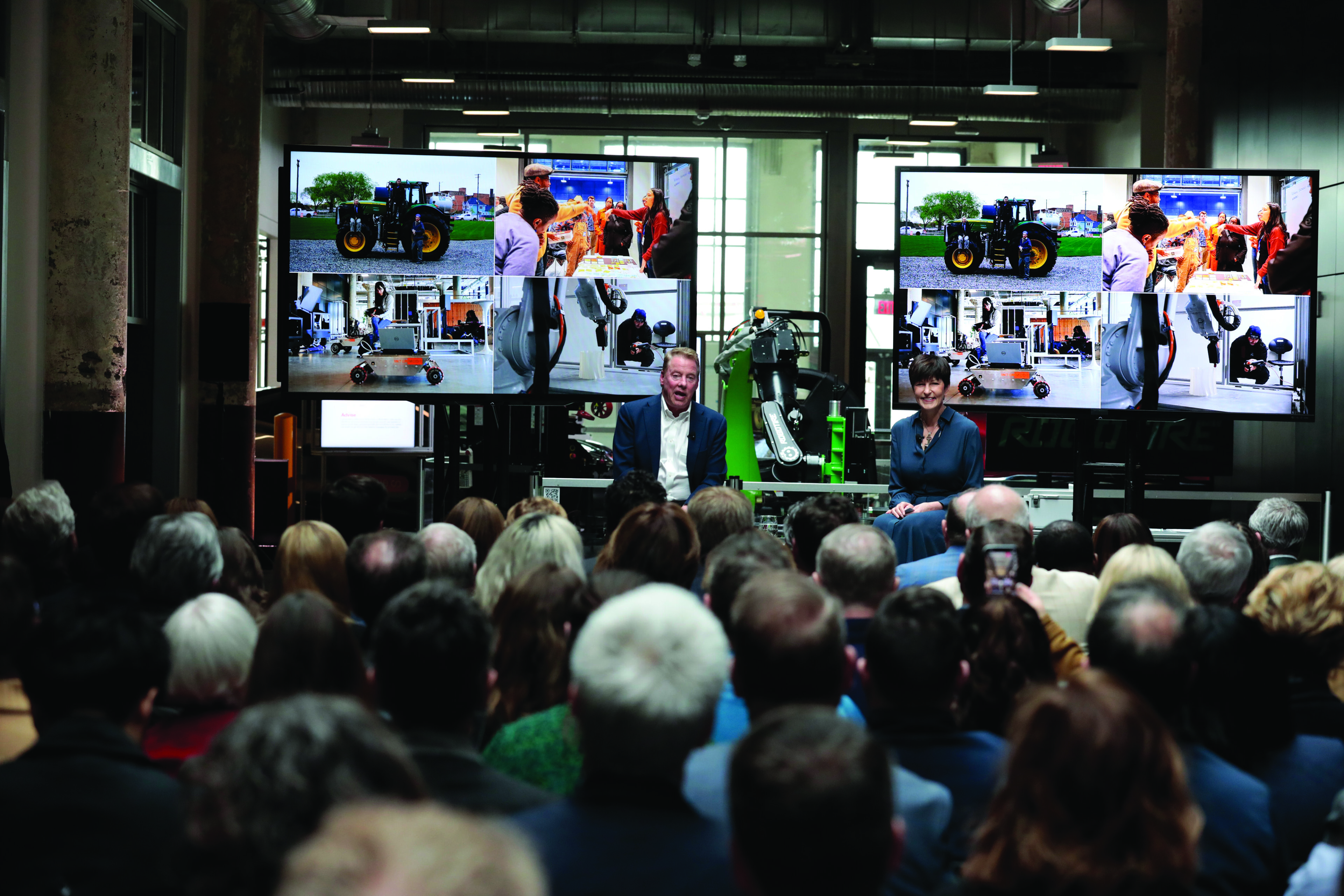 Bill Ford, Executive Chair, Ford with Lindsey Levin, Head of Partnerships and Impact at TED Founder and Chair, Leaders' Quest at Newlab at Michigan Central, in the former Book Depository building in Detroit, Michigan on April 25, 2023.