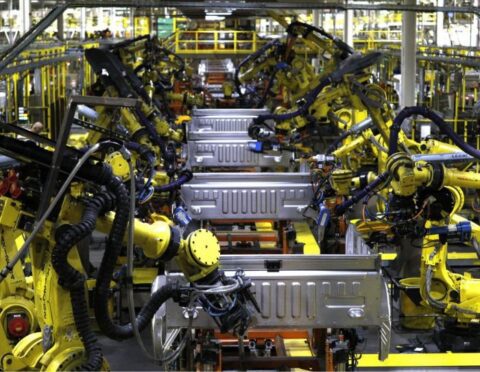 Ford F150 trucks go through robots on the assembly line at the Ford Dearborn Truck Plant on September 27, 2018 in Dearborn, Michigan.