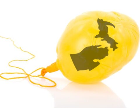 Deflated yellow balloon with the state of Michigan printed on it