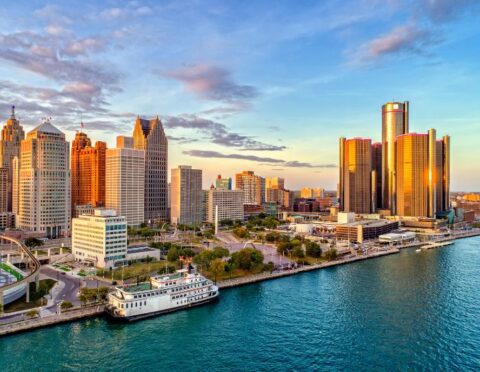 Downtown Detroit with water views