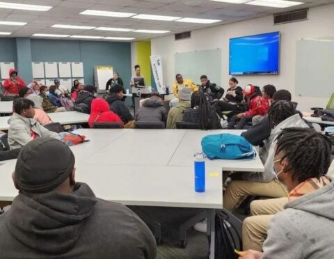 Detroit Promise students from Northwestern High School in Detroit take part in a tour of Michigan State University in spring 2023.