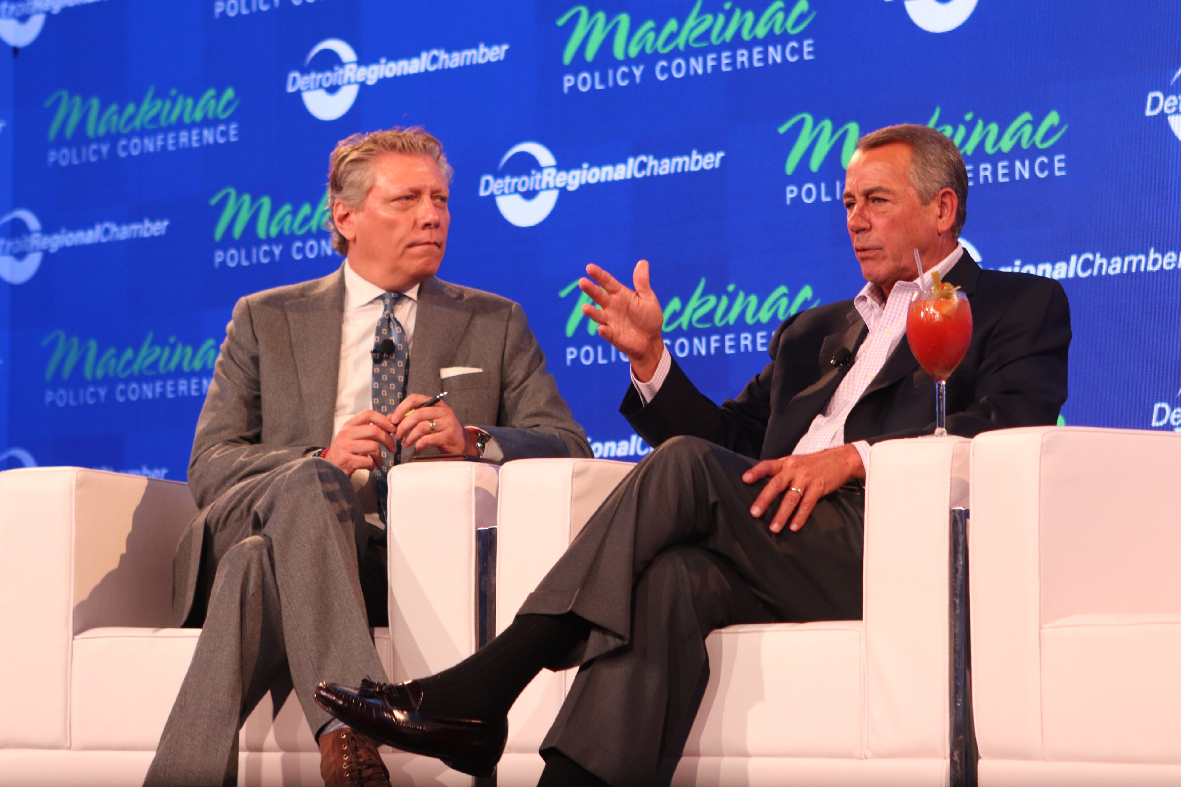 Devin Scillian and John Boehner at the Mackinac Policy Conference stage