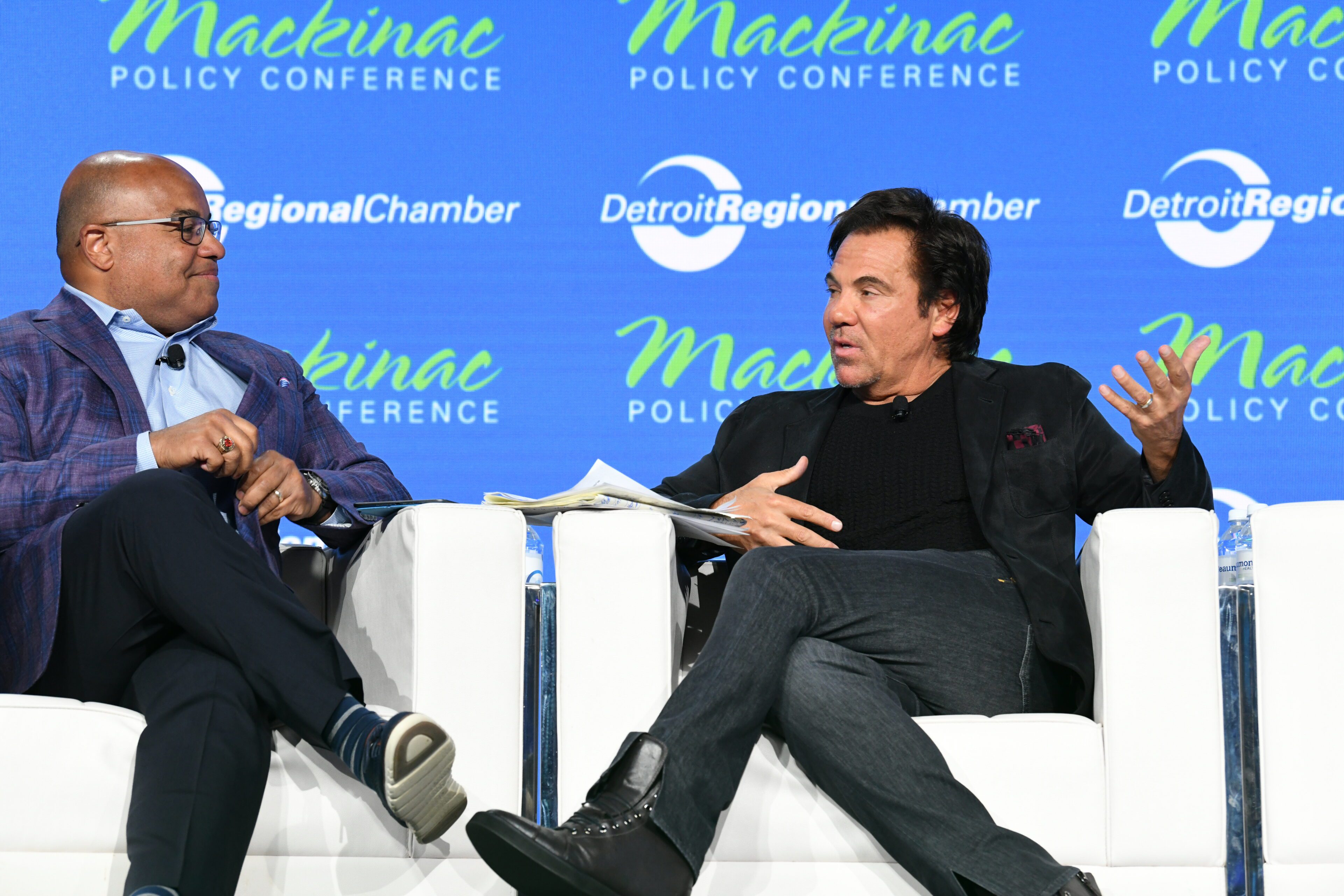 Tom Gores and Mike Tirico on the Mackinac Policy Conference stage