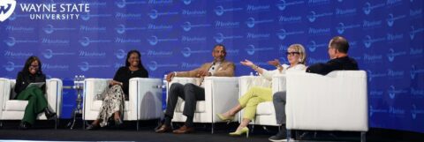 Suzanne Shank, Swin Cash-Canal, Grant Hill, Sandy Pierce, and Arn Tellem on the 2025 Mackinac Policy Conference Theatre Stage