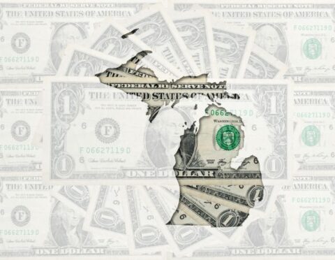 Outline map of michigan with transparent american dollar banknotes