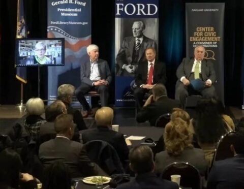 Former Michigan Govs. Jennifer Granholm, Rick Snyder, James Blanchard and John Engler discuss civility with moderator Roop Raj