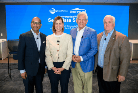 Sandy K. Baruah, U.S. Senator Elissa Slotkin, Guy Gordon, and Glenn Stevens Jr. at a roundtable held at the Detroit Regional Chamber