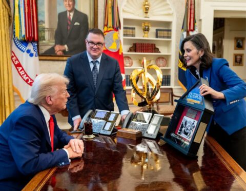 President Donald Trump, Speaker Matt Hall, and Gov. Gretchen Whitmer
