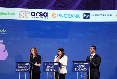 Mallory McMorrow, Haley Stevens, and Abdul El-Sayed at the 2026 Mackinac Policy Conference