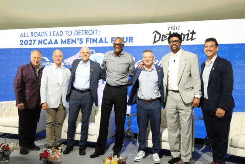 Tom Izzo, Dave Beachnau, Claude Molinari, Greg Kelser, Dusty May, Jalen Rose, and Brad Galli at the 2026 Mackinac Policy Conference