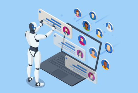 An isometric robot processes employee or personnel databases, handling data analysis. it leverages artificial intelligence for big data insights.