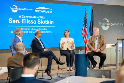 Guy Gordon, Sandy K. Baruah, Sen. Elissa Slotkin, and Glenn Stevens Jr. at a roundtable at the Detroit Regional Chamber
