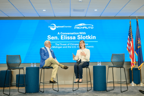 Guy Gordon and Sen. Elissa Slotkin at a roundtable at the Detroit Regional Chamber