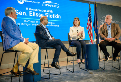 Guy Gordon, Sandy K. Baruah, Sen. Elissa Slotkin, and Glenn Stevens Jr. at a roundtable at the Detroit Regional Chamber