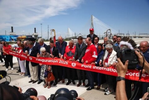 Ontario Premier Doug Ford, center left, and Canadian official Gregor Robertson, center, and Canada’s ambassador to the U.S., Mark Wiseman, center right, during a ceremony marking the opening of the Gordie Howe International Bridge in Windsor, Ontario, on July 24, 2026.