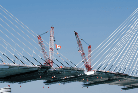 Gordie Howe International Bridge Canadian flag on the left, US flag on the right