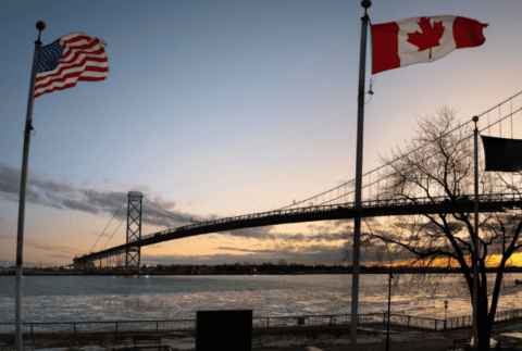 Ambassador Bridge - Canadian & American Flags