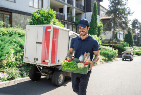A smiling man in a hat delivering fresh produce
