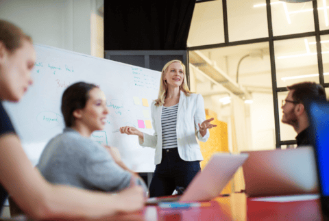 Young businesswoman giving presentation on future plans to her colleagues at office