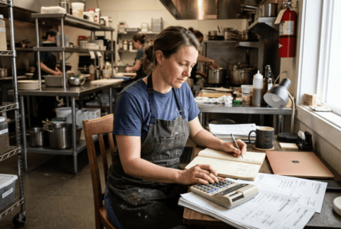 a small business owner reviews vendor invoices and a ledger at a desk
