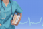 Female trainee surgeon in a blue uniform with books and a bag on blue background electrocardiogram